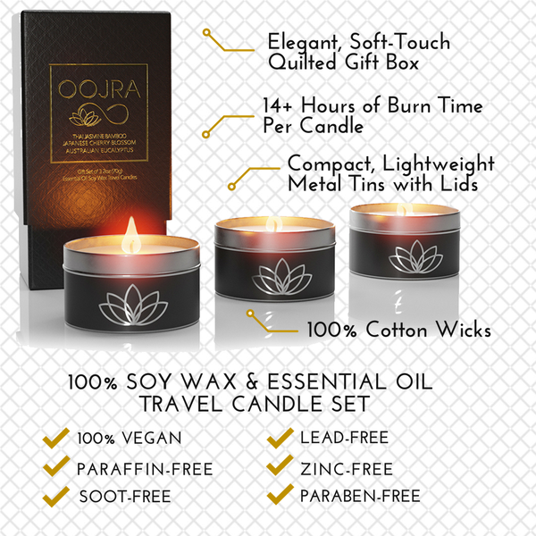 Essential Oil Aromatherapy Soy Wax Travel Candle Gift Set: Jasmine Bamboo, Eucalyptus, Cherry Blossom